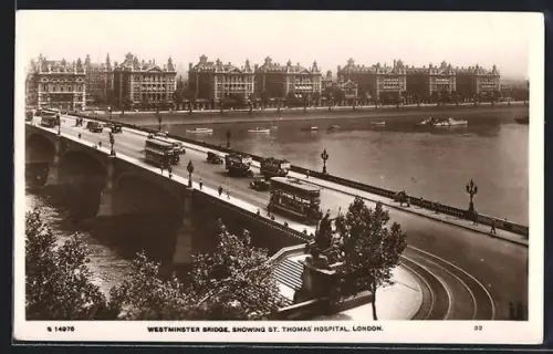 AK London, Westminster Bridge, showing St. Thomas Hospital, Strassenbahn