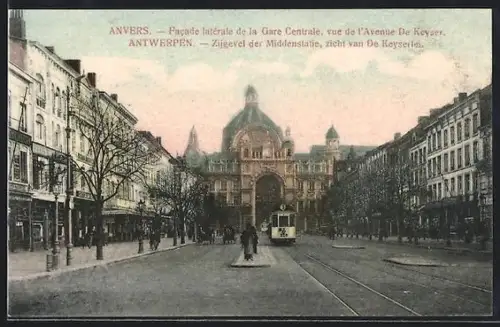 AK Anvers, facade latérale de la gare centrale, vue de l'avenue de Keyser, Strassenbahn