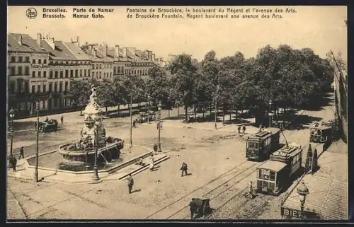 AK Bruxelles, fontaine de Brouckére, Strassenbahnen