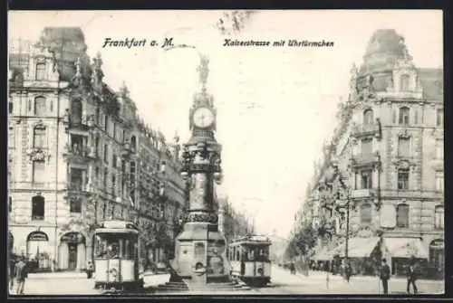 AK Frankfurt a. M., Kaiserstrasse mit Uhrtürmchen, Strassenbahn