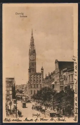 AK Danzig, Rathaus mit Strassenbahn