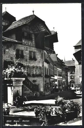 AK Murten, Ortspartie mit Brunnen