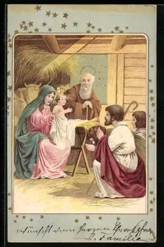 Präge-AK Hirten begrüssen das Jesus-Kind im Stall von Bethlehem