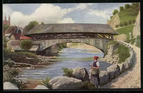 Künstler-AK Forbach /Murgtal, Alte Brücke