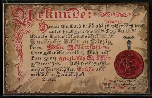 Präge-AK Leipzig, Gasthaus Auerbachs Keller, Trinkerurkunde