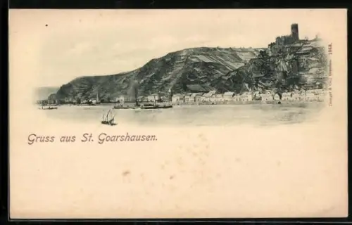 AK St. Goarshausen, Ortsansicht mit Burg und Rhein