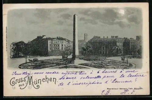 Mondschein-AK München, Karolinenplatz mit Obelisk