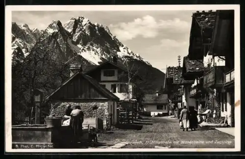 AK Garmisch, Frühlingstrasse mit Waxensteine und Zugspitze
