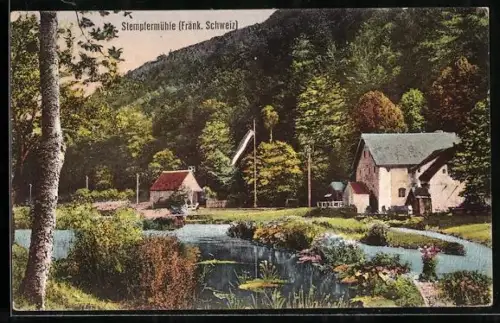 AK Stempfermühle /Fränk. Schweiz, Uferpartie mit Mühle
