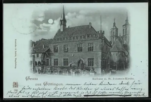 Mondschein-AK Göttingen, Rathaus, St. Johannis-Kirche