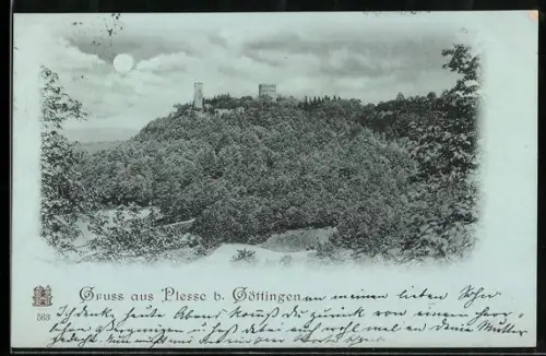 Mondschein-AK Plesse b. Göttingen, Burg auf bewaldetem Hügel