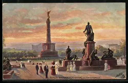 Künstler-AK Berlin-Tiergarten, Bismarckdenkmal, Siegessäule