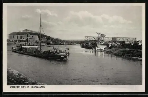 AK Karlsruhe i. B., Rheinhafen, Schiffe, Hafenanlagen