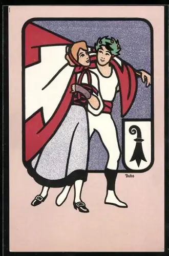 Künstler-AK Basel, 56. Eidgenöss. Turnfest 1912, Atheltten mit Flagge un Kranz