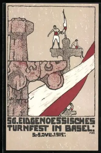 Künstler-AK Basel, 56. Eidgen. Turnfest 1912, Turner auf einem Kreuz, wehende Flagge