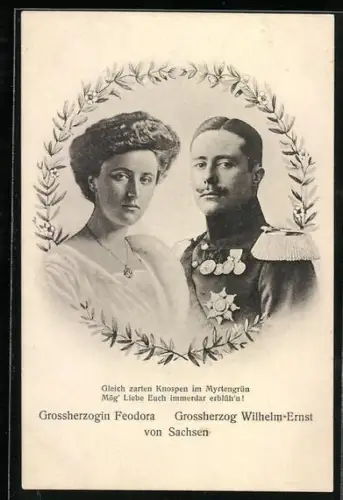 AK Grossherzogin Feodora u. Grossherzog Wilhelm-Ernst von Sachsen-Weimar-Eisenach, Portrait im Myrtenkranz