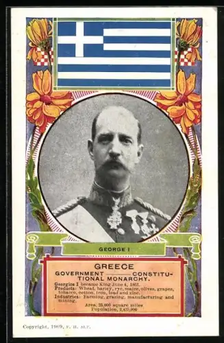 AK George I. von Griechenland, Portrait, Flagge, Blumen