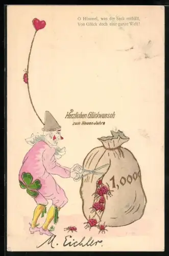 Präge-AK Clown schniedet einen Sack auf, Marienkäfer krabbeln heraus, Neujahrsgruss