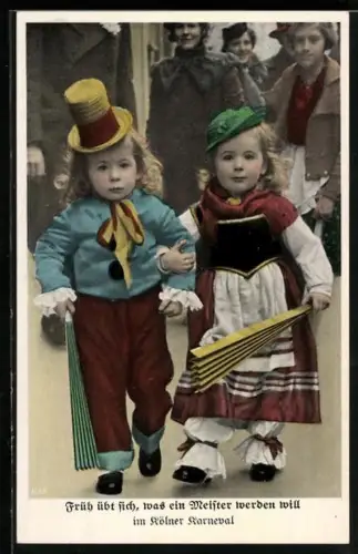 AK Kölner Karneval, Früh übt sich..., Kinderpaar in Kostümen