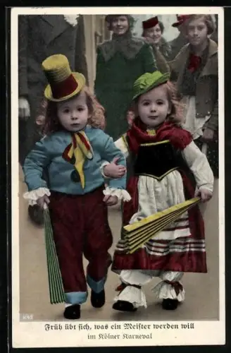 AK Kölner Karneval, Rosenmontagszug, Zwei kleine Mädchen in Verkleidung