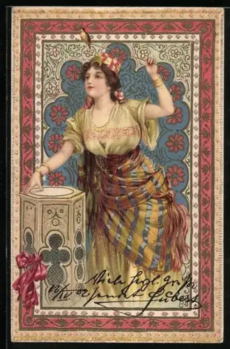 Künstler-AK Schöne Osmanin mit Singvogel auf einem Stab, Jugendstil