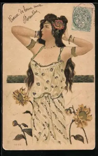 Lithographie Junge Dame reckt die Arme, Sonnenblumen, Glitter, Jugendstil
