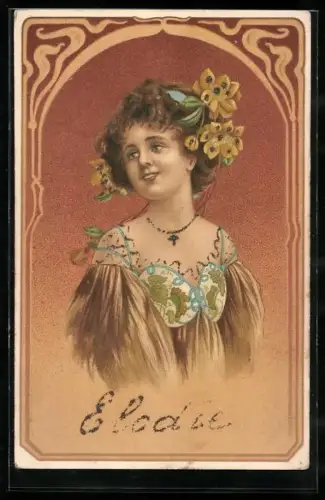 Präge-Lithographie Lachendes Mädchen mit Blumen im Haar, Ornamente, Jugendstil