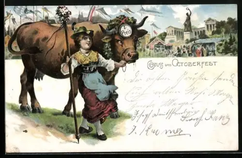AK Gruss vom Oktoberfest mit Dame in Tracht und Rind
