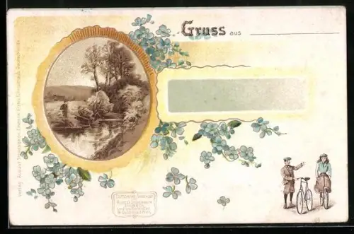 AK Reklame für Fahrräder von August Stukenbrok, Passepartout mit Vergissmeinnicht