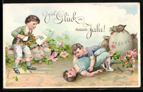 Präge-AK Kinder beim Ringen, Schiedsrichter mit Siegerkranz