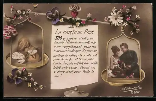 AK Waage mit dem Portrait eines jungen Paares, das einen Laib Brot aufwiegt