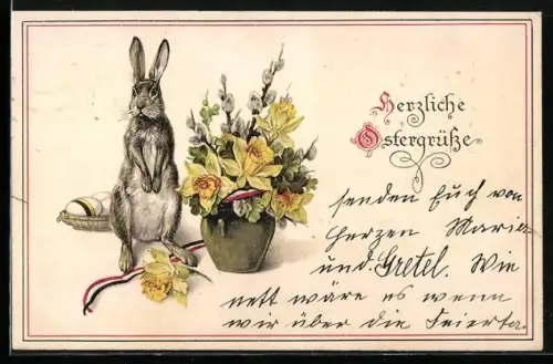 AK Osterhase neben einem Blumentopf mit Bändern in den Farben des Zweibunds