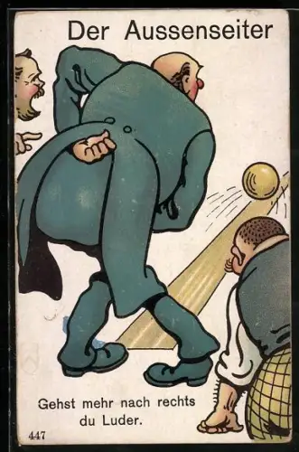 Künstler-AK Mann im Frack beim Kegeln