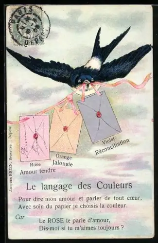 AK Schwalbe mit verschiedenfarbigen Briefumschlägen mit den Bedeutungen der Farben