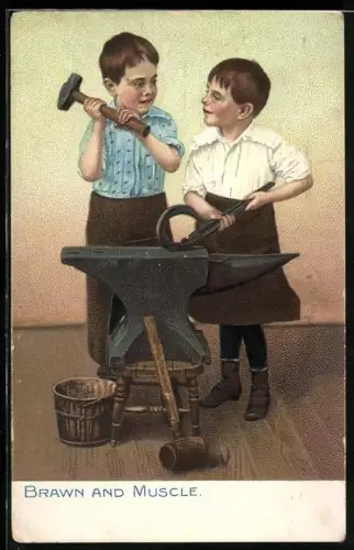Künstler-AK Zwei Kinder mit Schmiedehammer am Amboss
