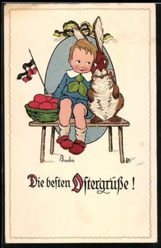 AK Kind und Osterhase mit Band und Wimpel in den Farben des Zweibunds