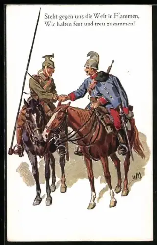 Künstler-AK Kavalleristen des Zweibunds in Uniform zu Pferde reichen sich die Hand