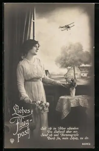 AK Dame mit Blumenstrauss in der Hand erwartet sehnsüchtig die Luftpost