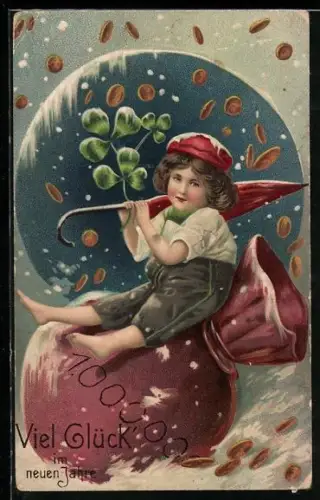 AK Neujahrsgrüsse, Junge auf einem Geldsack, Glücksklee