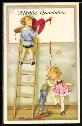 AK Kind malt ein Herz und tropft Farbe auf ein anderes, Geburtstag