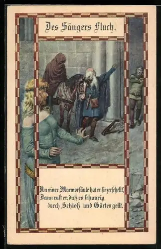 Künstler-AK Kuderna: Frau erschrickt vor vermummten Mann auf Pferd