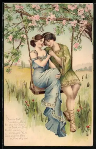 Lithographie Die wahre Lieb` braucht keine Worte..., Paar auf Schaukel