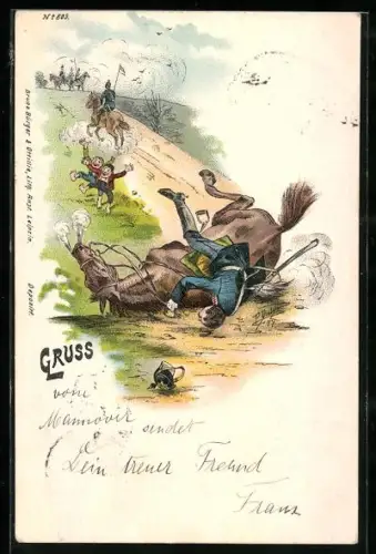 Lithographie Kavallerist fällt von seinem Pferd und Kinder lachen ihn aus