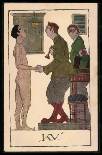 Künstler-AK Nackter Mann bei der Musterung