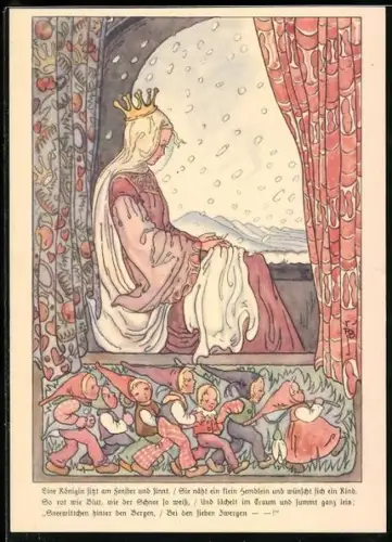 Künstler-AK Gekröntes Schneewittchen an einem Fenster, die Zwerge unter ihr