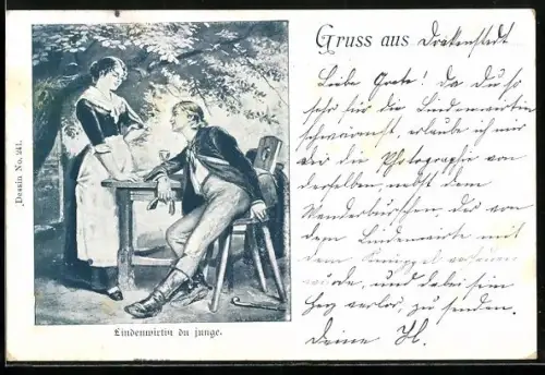 Künstler-AK Junger Mann bandelt mit der hübschen Lindenwirtin an