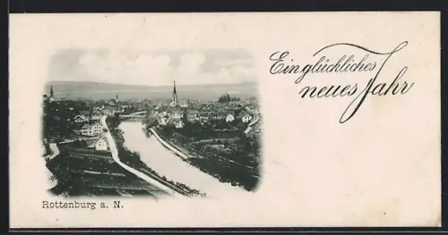 Mini-AK Rottenburg a. N., Ortsansicht mit Fluss und Kirche