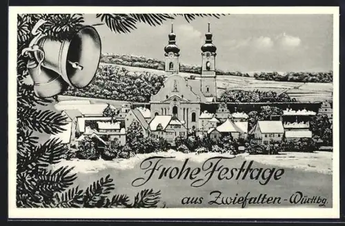 AK Zwiefalten /Württbg., Kloster, Ortsansicht, Glocken und Tannenzweig