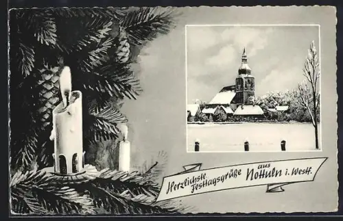 AK Nottuln i. Westf., Kirche im Winter, Passepartout mit brennender Kerze