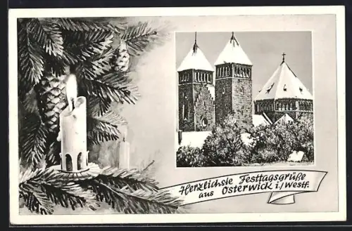AK Osterwick i. Westf., Kirche im Winter, Tannenzweig, Kerze